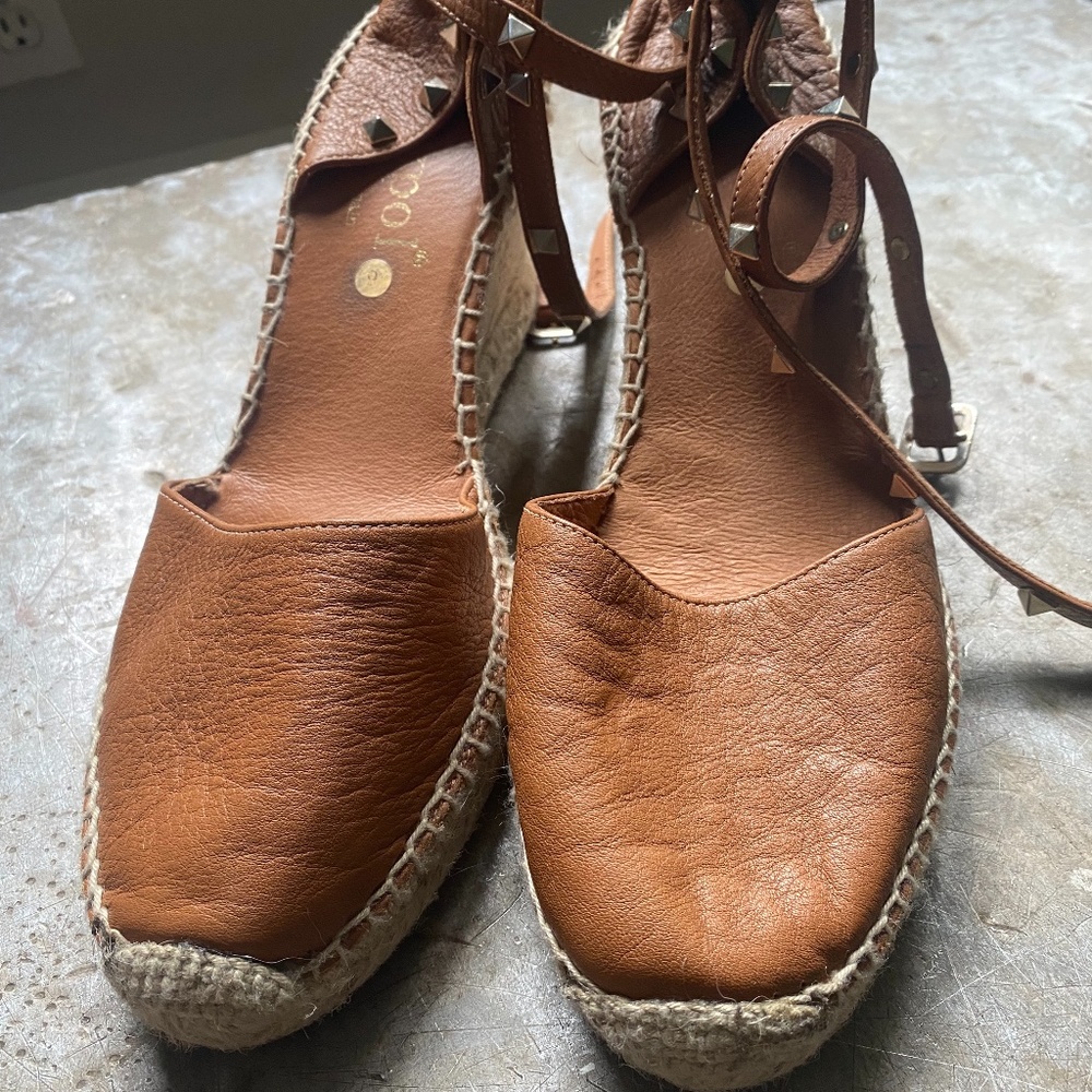 Women’s Tan Leather Espadrille Wedge Sandals